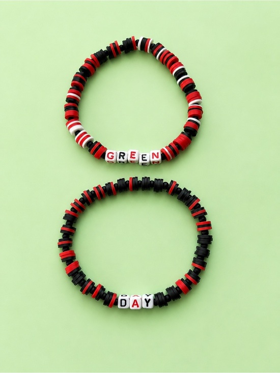 Hand Crafted Jewelry - Green Day Inspired Red & Black Beaded Bracelet Set | Punk Rock Stretch 8”